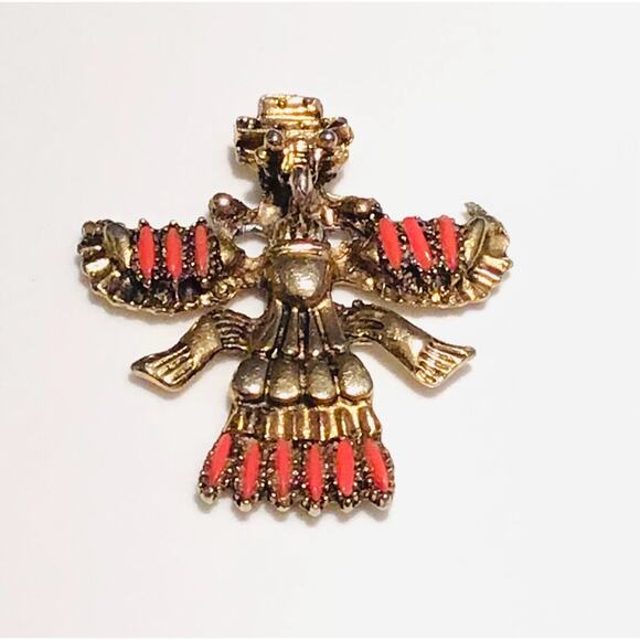 Coral Jeweled Gold Totem Pendant Amulet Spread Eagle Wings 2.25" Southwest Vtg - Picture 2 of 4